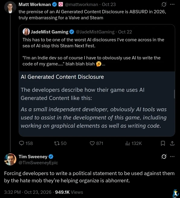 Forcing developers to write a political statement to be used against them by the hate mob they’re helping organize is abhorrent.