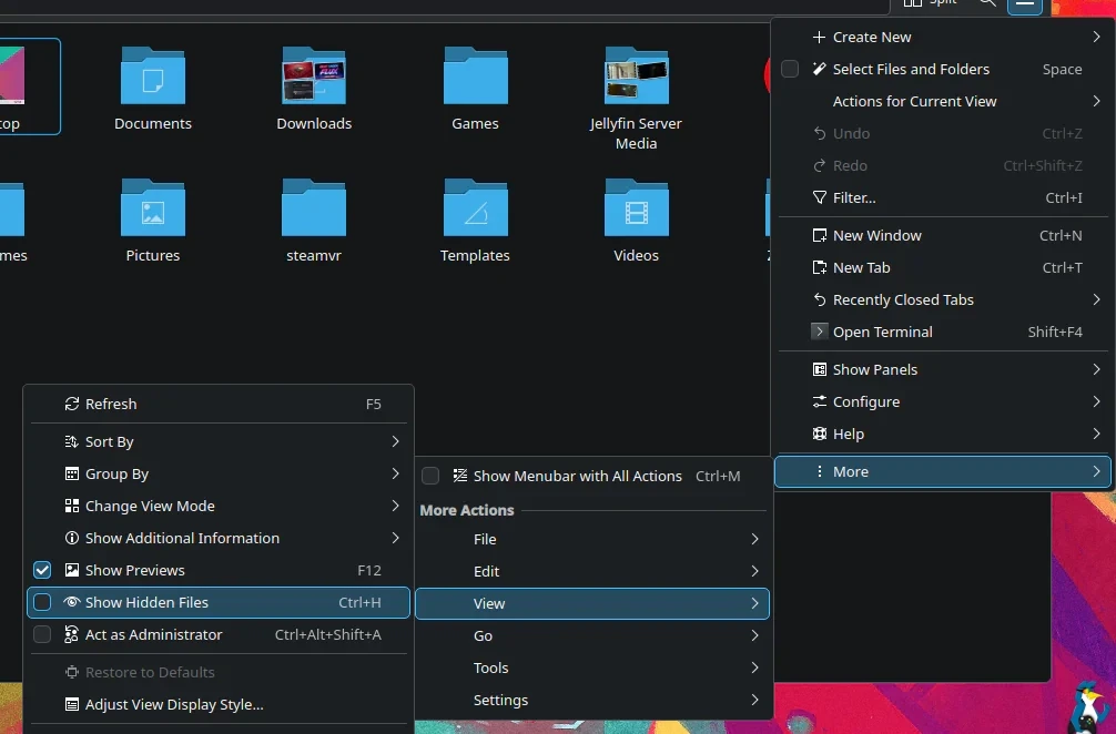 Dolphin options - More -> View -> Show Hidden Files