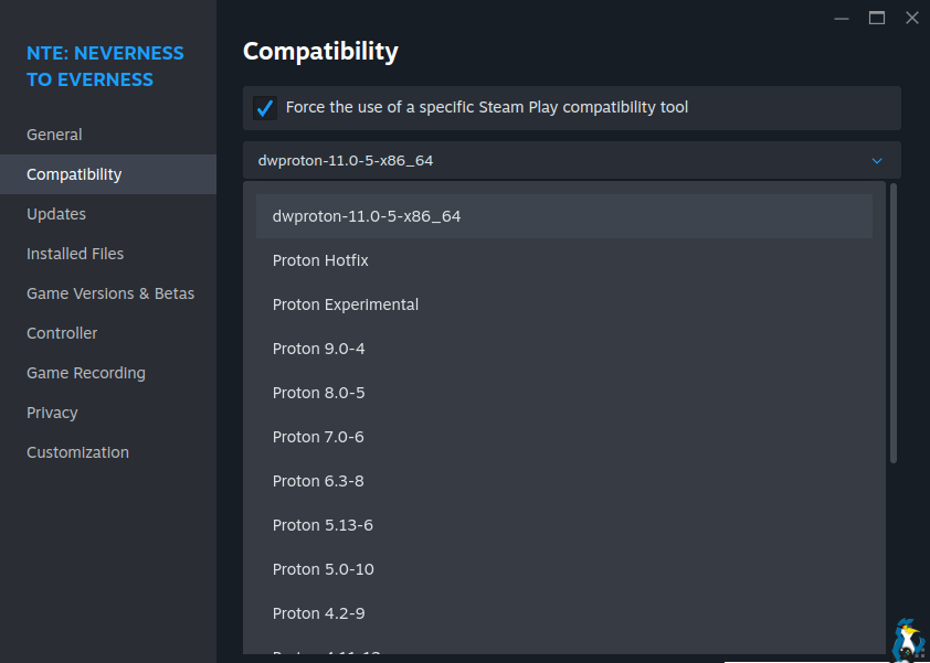 Proton compatibility menu