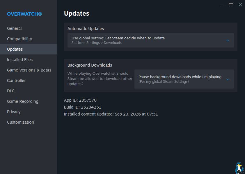 Overwatch Properties -> Updates Menu