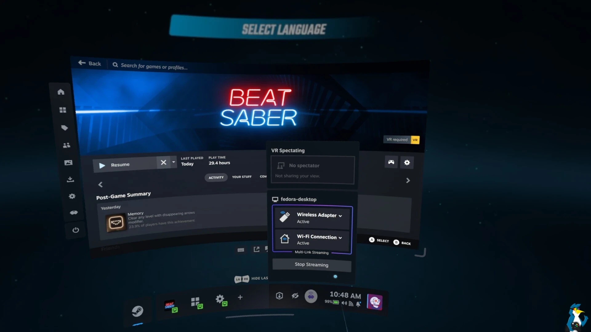 Connected, Beat Saber streamed from Fedora KDE 45 Connected, Beat Saber streamed from Fedora KDE 45